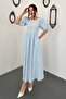Women's Blue Back Tie Detailed Balloon Sleeve Pocketed Drawstring Midi Dress - 2