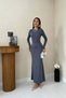 Women's Gray Long Bodycon Dress Crew Neck Long Sleeve Straight Cut