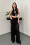 Women's Black Top and Bottom Set Knitwear Top and Bottom Set Openwork Crop Halter Neck Scarf Detailed Wide Leg Pants - 2