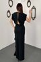 Women's Black Dress with Flounces, Slits, Draped Waist Detail, Maxi Satin Dress - 5