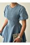 Women's Light Blue Mini Denim Dress with Balloon Sleeves, Crew Neck, and Stitching Detail - 3