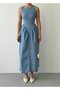 Women's Light Blue Denim Midi Dress with Backless Design and Tie Detail, Sleeveless - 3