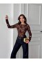 Women's Crew Neck Floral Transparent Tulle Blouse - 2