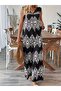 Women's Strappy V-Neck Patterned Blouse and Trousers Single Jersey Two-Piece Set - 2