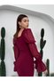 Women's Burgundy Midi Dress with Square Collar, Chiffon Balloon Sleeves and Ruffle Detail - 5