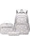 Three-Piece Daisy Pattern Backpack Set Includes Lunch Bag Pencil Case Lightweight Waterproof Teenagers Students Grey