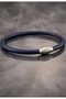 Navy Blue 4mm Thin Genuine Leather Oval Metal Magnetic Clip Men's Bracelet M066F