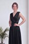 Women's Double-Breasted Collar Padded Pleated Long Evening Dress Navy Blue, Black - 2