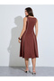 Brown Piping Detail Square Neck A-Line Midi Dress - 4