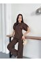 Women's Brown Balloon Sleeve Asymmetric Cut Set - 3