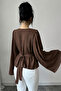 Brown Round Neck Detail Long Sleeve Self Belted Crepe Fabric Blouse - 2