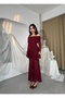 Women's Burgundy Boat Neck Draped Lace Detailed Long Sleeve Midi Dress - 8
