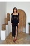 Women's Black Midi Dress with Lace Detail, Slit, Long Sleeves, Sweetheart Neckline - 6