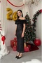 Women's Black Strapless Sequined Ruffle Detailed Boat Neck Midi Evening Dress - 8