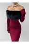 Women's Burgundy Midi Dress Strapless Collar Feather Detailed Long Sleeve Slim Fit - 7