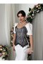 Women's Ecru Midi Dress with Heart Collar, Lace Detail, Balloon Sleeves, Evening Dress - 7