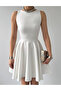 Women's White Mini Dress with Crew Neck, Sleeveless, Pockets, Flared Skirt, Stylish Design - 2