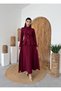 Women's Burgundy Skirt Suit with Stand Collar, Scarf Detail, Buttoned Long Sleeve Maxi - 6