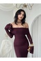Women's Plum Lace Midi Dress Boat Neck Long Sleeve Flounce Hem - 2
