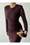 Women's Coffee Midi Dress Lace Textured Crew Neck Long Sleeve Gathered - 7