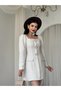 Women's Ecru Mini Dress Square Collar Button Detail Long Sleeve Stylish Cut - 7