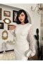 Women's White Midi Dress Lace Textured Crew Neck Long Sleeve Gathered - 6