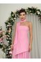Women's Pink Shawl Detailed Strapless Asymmetrical Hem Chiffon Atlas Midi Dress - 3