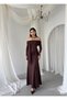 Women's Coffee Color Long Boat Neck Draped Dress with Tie Detail and Long Sleeves - 4