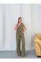 Women's Khaki Floral Buttoned Linen Suit with Lace Detail Vest Nh26362 - 3