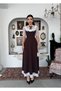 Women's Coffee Midi Dress Lace Collar Ruffle Detailed Balloon Sleeves A-Line Event Dress - 6