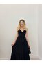 Women's Black Maxi Length Thin Strap V-Neck Layered Dress with Lace Detail - 2