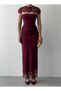 Women's Burgundy Midi Dress with Lace Cape Collar and Draped Slim Fit Event Dress - 2