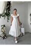 Women's White Midi Dress Square Collar Ruffled Short Sleeve Button Detail Poplin - 4