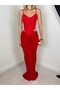 Women's Red Strappy Sweetheart Neckline Low-Cut Waist Draped Slit Maxi Evening Dress - 3
