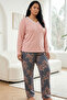 Salmon Patterned Buttoned Cotton Lycra Large Size Oversized Knitted Pajama Set26240877 - 2