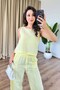 Women's Yellow Linen Sleeveless Blouse with Elastic Waist and Pockets Wide Leg Two-Piece Set - 2