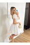 Women's White Mini Dress Square Neck Balloon Sleeves Lace-Up Flared Cut - 2