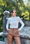 Women's Ecru High-Neck Knitted Patterned Ruffle Cuff Long Sleeve Knitwear Sweater
