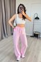Women's Pink Linen Lace-Up Elastic Waist Wide Leg Long Trousers with Side Pockets