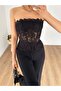 Women's Black Strapless Ruched Underwire Corset Look Transparent Crop Blouse - 4