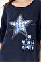 Navy Blue Italian 100% Linen Star and Flower Pattern Patched Folded Sleeve Oversize Linen Blouse 38 - 44 Size - 4