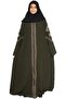 MODEST CITY Self Design Front Open Zip Embroidered Bottle Green Crepe Fabric Abaya or Burqa with Hij - 2