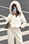 Muchi Ecru Fur Hooded Oversize Premium Kangaroo Pocket 3 Thread Thick Sweatshirt Tracksuit Set - 3