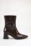 Bitter Brown Matte Patent Leather Women's Heeled Boots Pointed Toe Thick Heel Side Zipper - 4