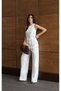 Women's White Blouse Pants Set Crew Neck Sleeveless High Waist Lace-Up Palazzo - 4