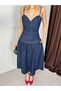 Women's Navy Blue Strappy Heart Neckline Denim Midi Dress with Pocket Detail - 3