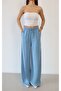 Women's Light Blue Palazzo Trousers High Waist Elastic Lace-Up Side Pockets Wide Leg