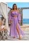 Lilac Flowy Chiffon Double Slit Skirt Bustier Two-Piece Set Madonna Collar Gathered Summer Beach Dress