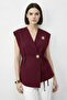 Women's Stylish Buttoned Belted Woven Burgundy Vest - 4