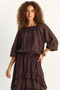 Women's Boat Neck Asymmetrical Layered Detailed Maxi Skirt with Elastic Waist Bitter Brown Set - 6